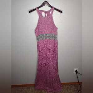 Prana Women's Skye Maxi Dress Large Pink Geometric Built-in Bra Halter M